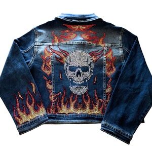 Embellished Denim Jacket with Skull and Flames